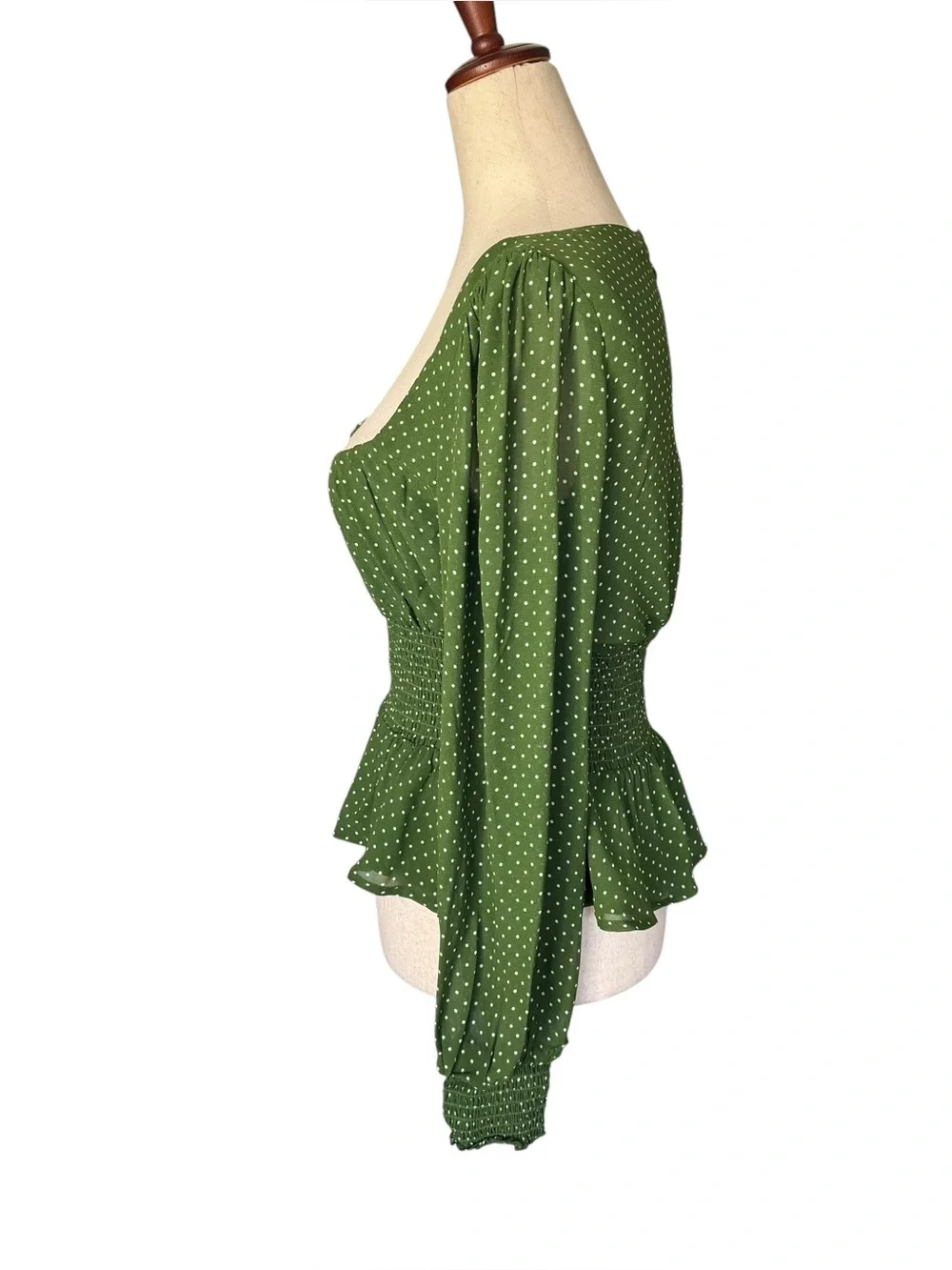 Reformation Hearth Long Sleeve Top Peat Green Polka Dot sz 8